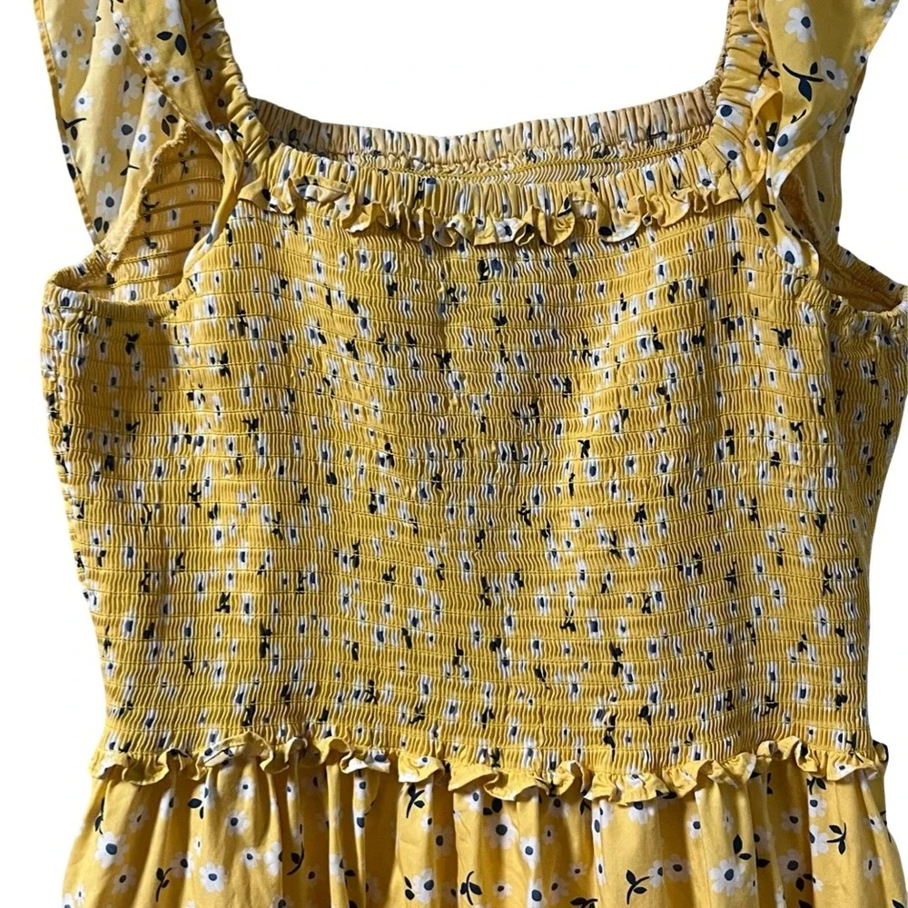 Kate Spade Yellow Floral Midi Fleurette Toss Smocked Dress Cottage Spring Size L